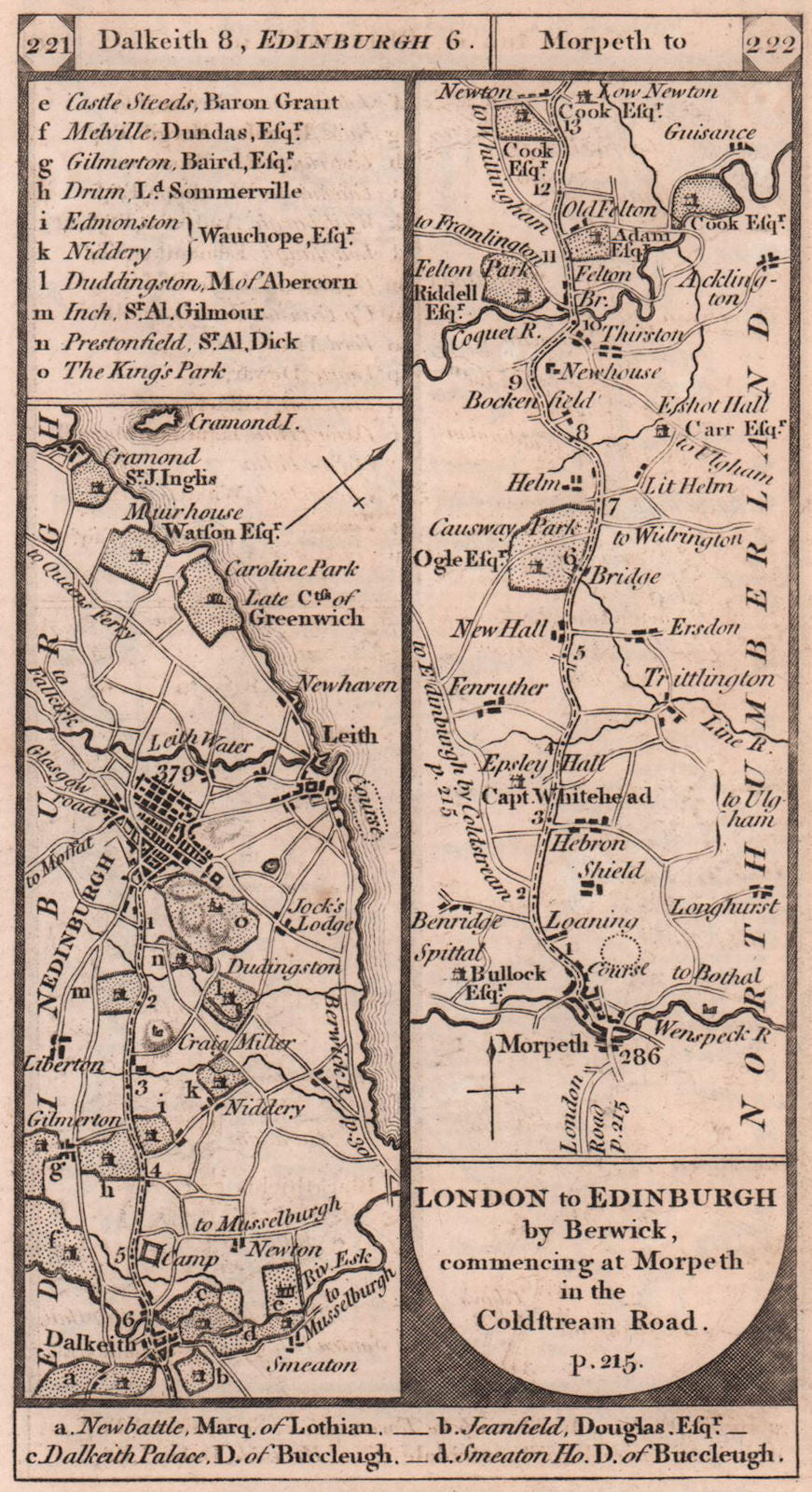 Dalkeith - Edinburgh - Leith. Morpeth - Felton road strip map PATERSON 1803